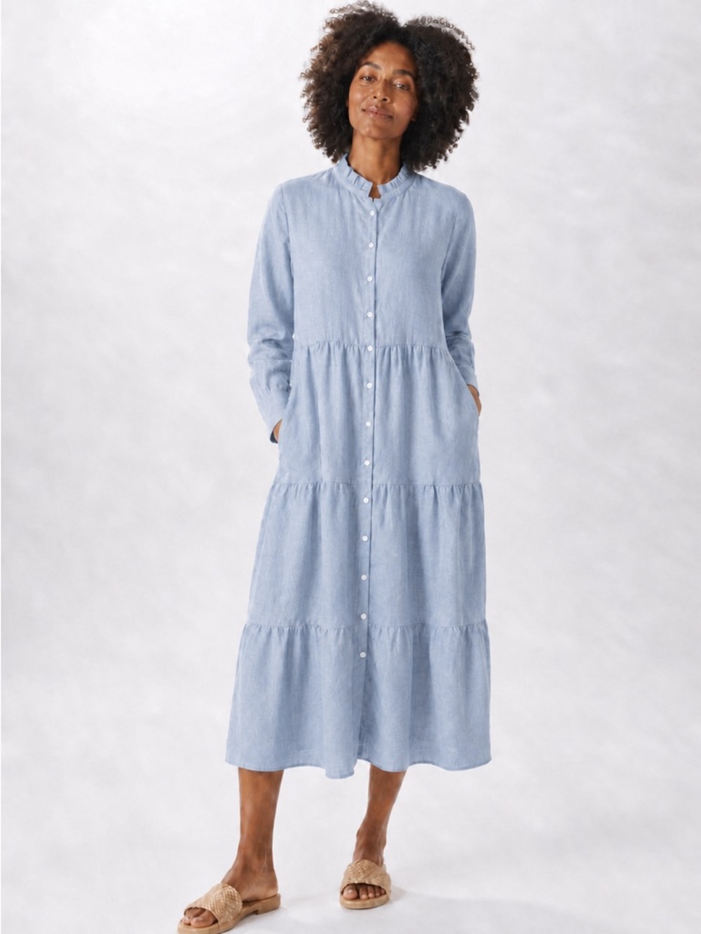 NWT - Alice Walk - Tiered Linen Shirt Dress - Soft Blue